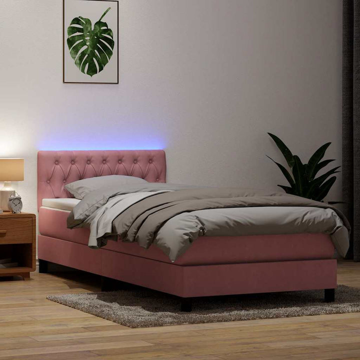 kontinentalseng med madras og LED-lys lyserød 90x210 cm fløjl