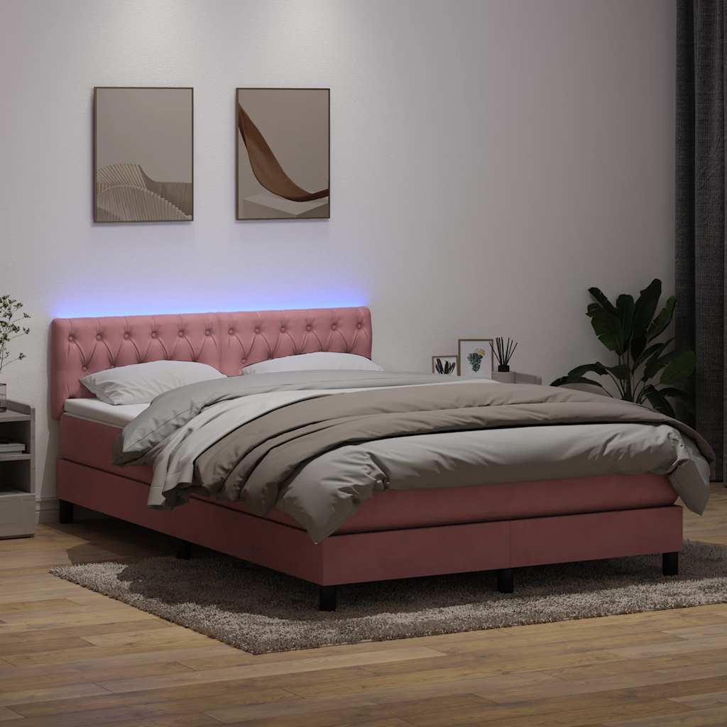 kontinentalseng med madras og LED-lys 140x210 cm fløjl lyserød