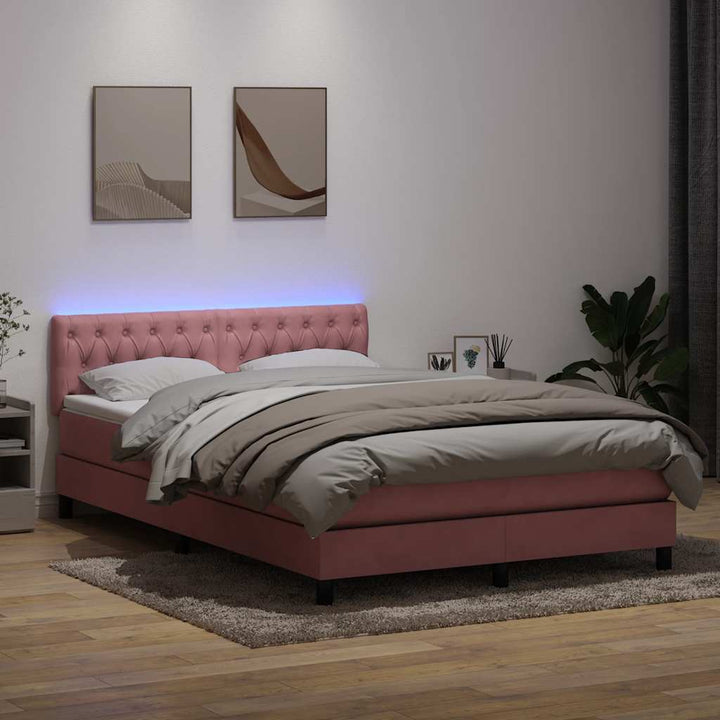 kontinentalseng med madras og LED-lys 140x210 cm fløjl lyserød