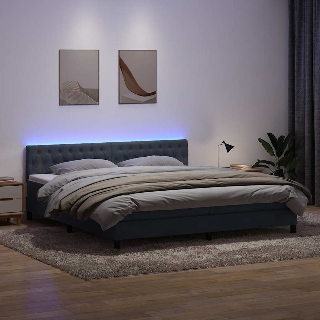 kontinentalseng med madras og LED-lys 180x210 cm fløjl mørkegrå