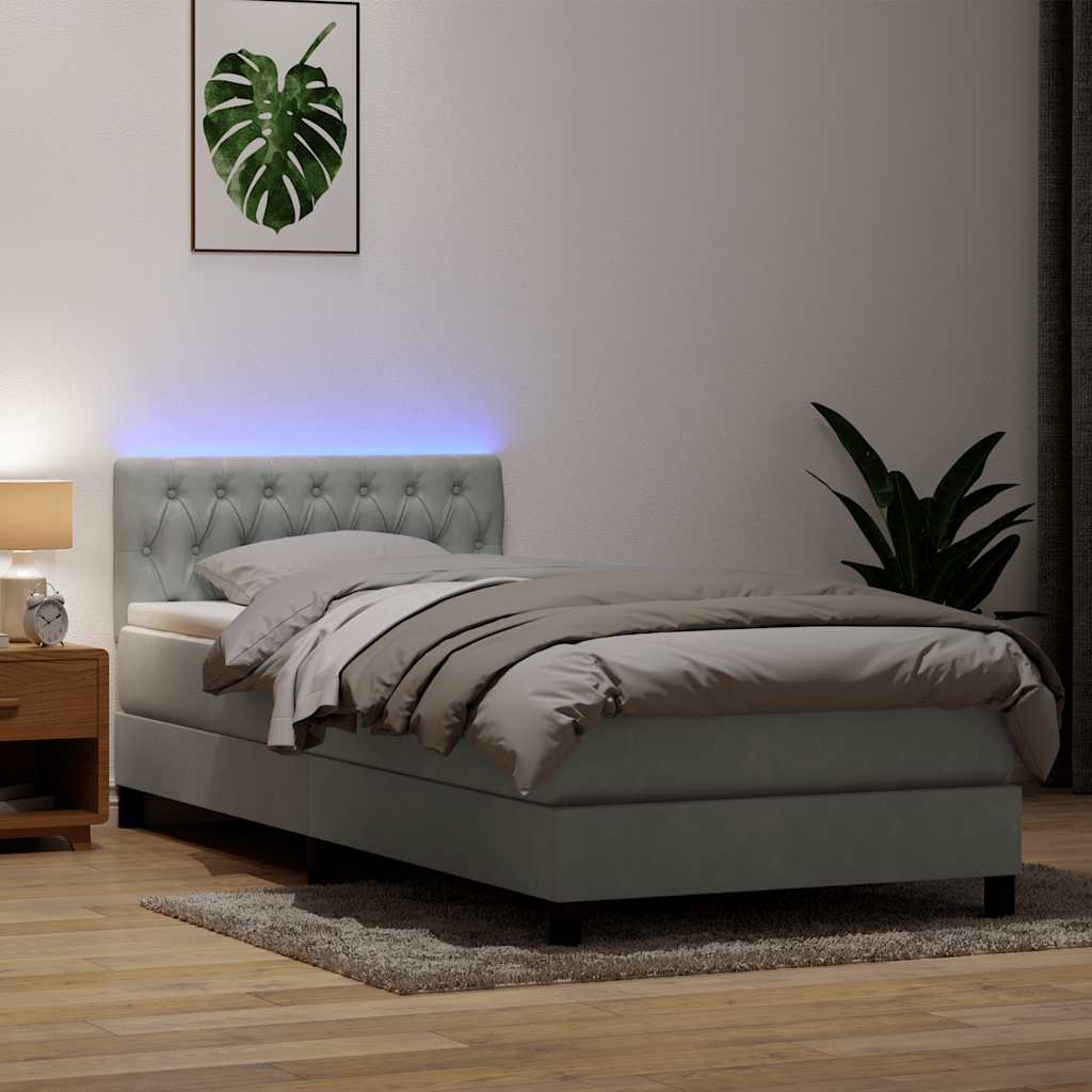 kontinentalseng med madras og LED-lys lysegrå 90x220 cm fløjl