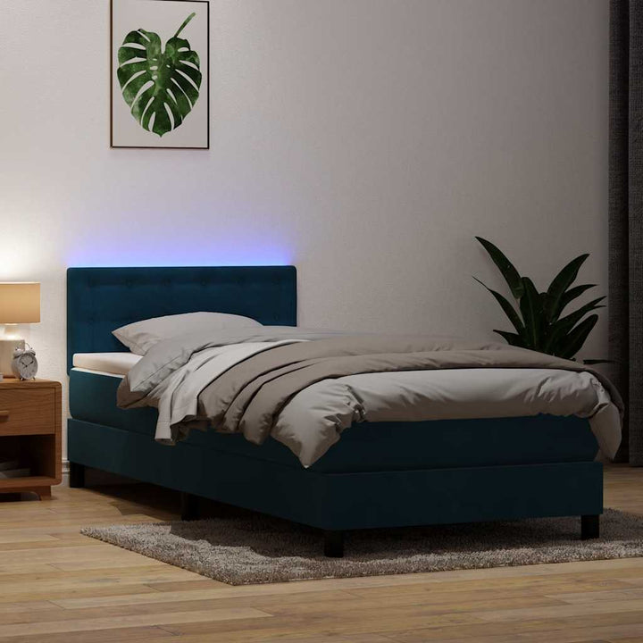 kontinentalseng med madras og LED-lys mørkeblå 80x210 cm fløjl