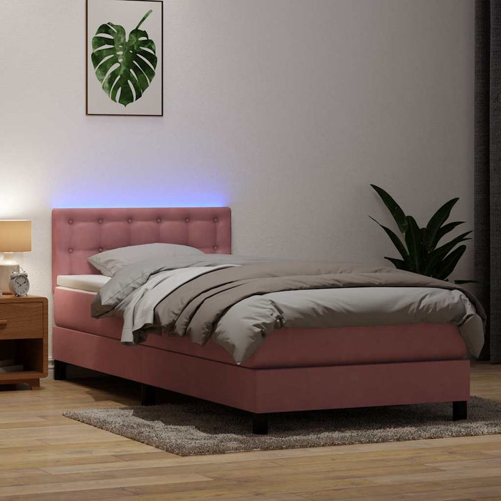 kontinentalseng med madras og LED-lys lyserød 90x210 cm fløjl