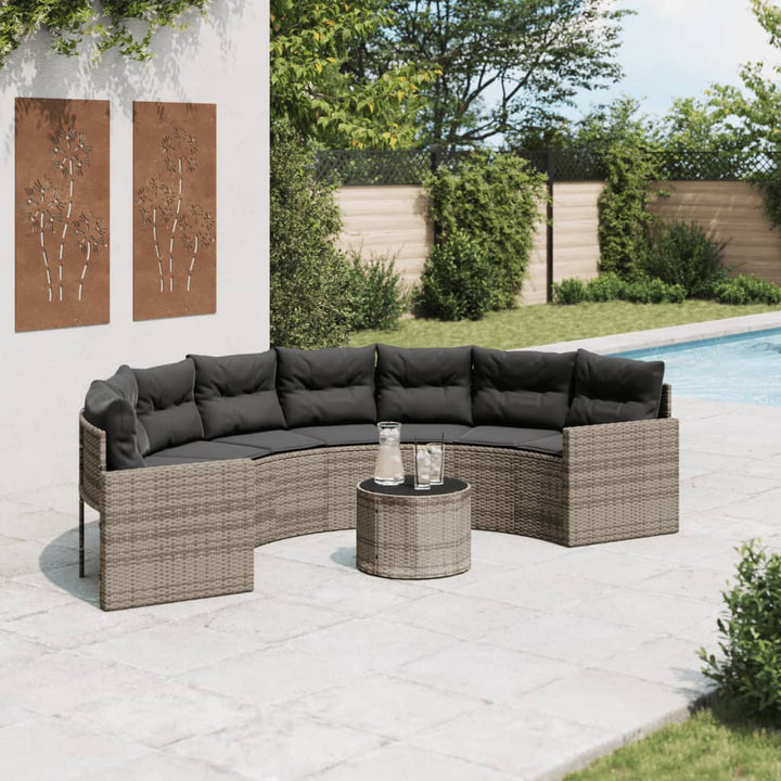 havesofa med bord og hynder halvrund polyrattan grå