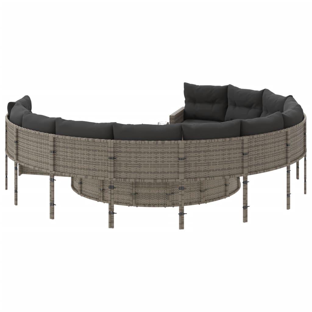 havesofa med bord og hynder rund polyrattan grå