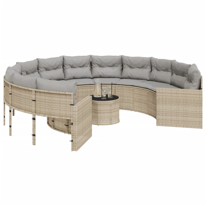 havesofa med bord og hynder rund polyrattan beige