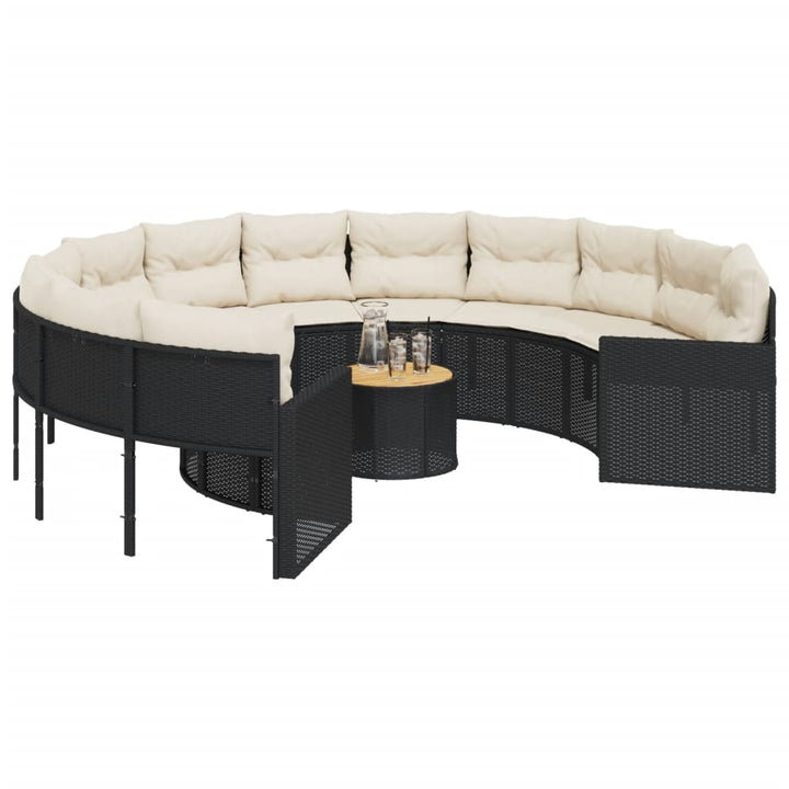 havesofa med bord og hynder rund polyrattan sort