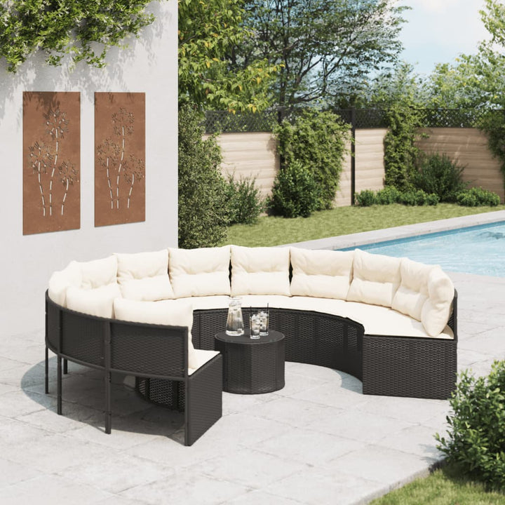 havesofa med bord og hynder rund polyrattan sort