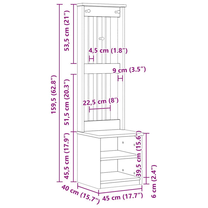 Hall træ SANDNES 45x40x159,5 cm massivt fyrretræ hvid