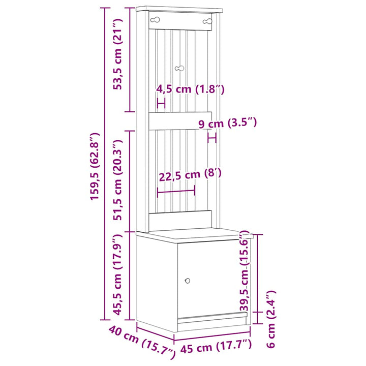 Hall træ SANDNES 45x40x159,5 cm massivt fyrretræ