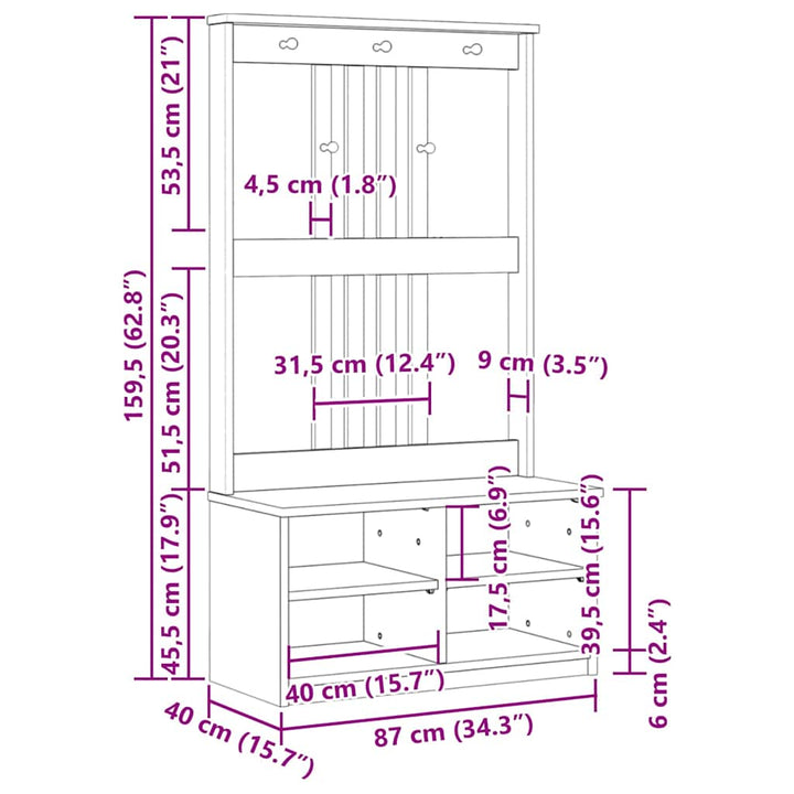 Hall træ SANDNES 87x40x159,5 cm massivt fyrretræ