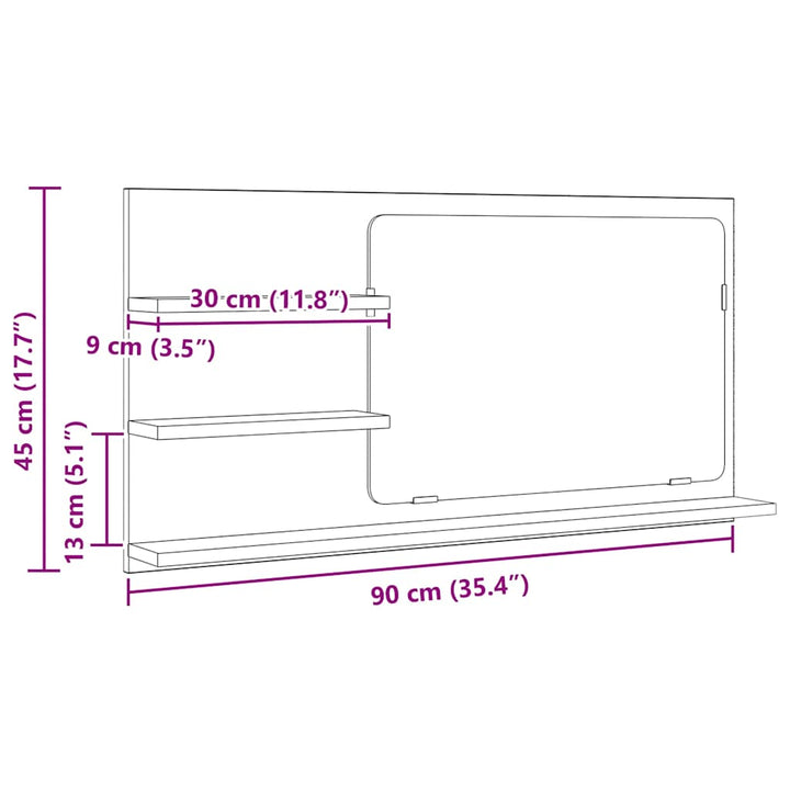 badeværelsesskab med spejl 90x11x45 cm konstrueret træ kunsteg