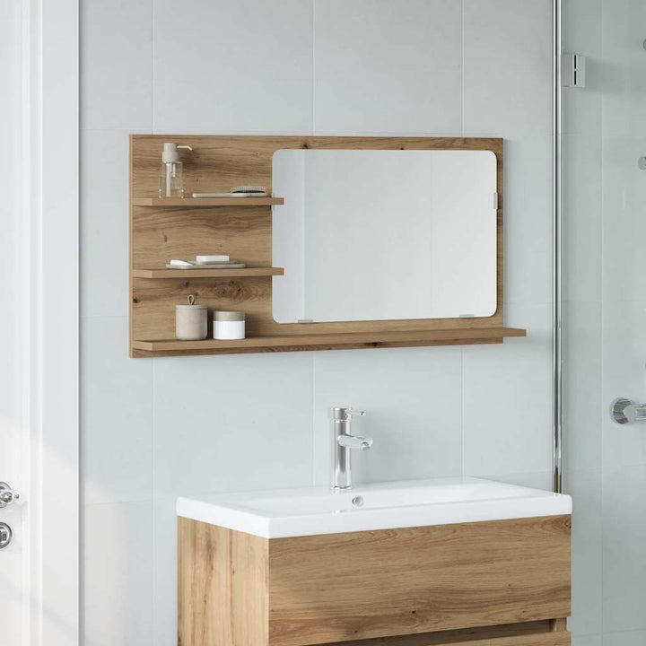 badeværelsesskab med spejl 90x11x45 cm konstrueret træ kunsteg
