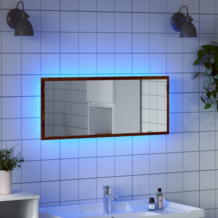 badeværelsesspejl m. LED 100x8,5x38 cm konstrueret træ brunt eg
