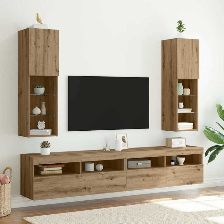 tv-borde med LED-lys 2 stk. 30,5x30x102 cm egetræsfarve