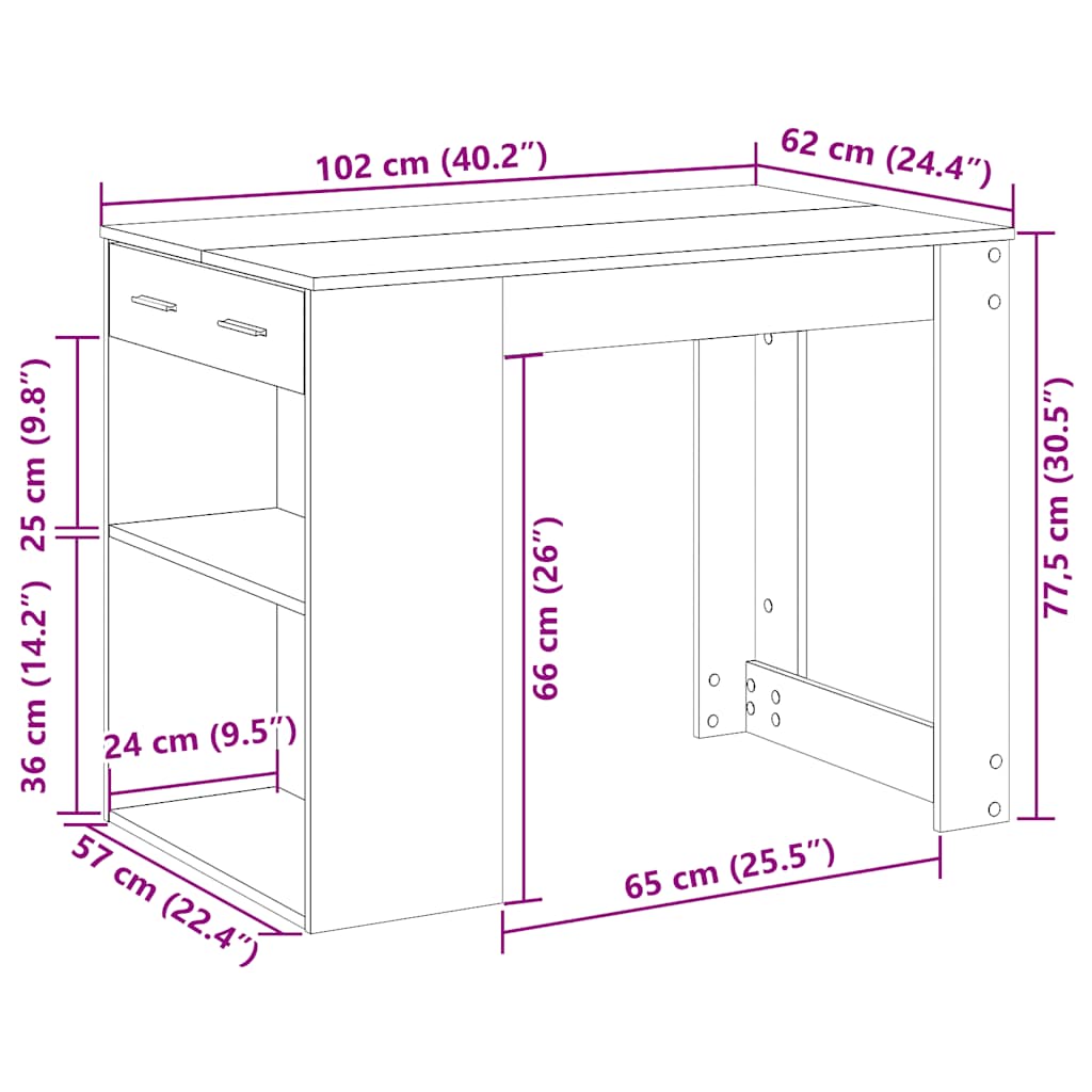 skrivebord med skuffe og hylde 102x62x77,5 cm grå sonoma-eg