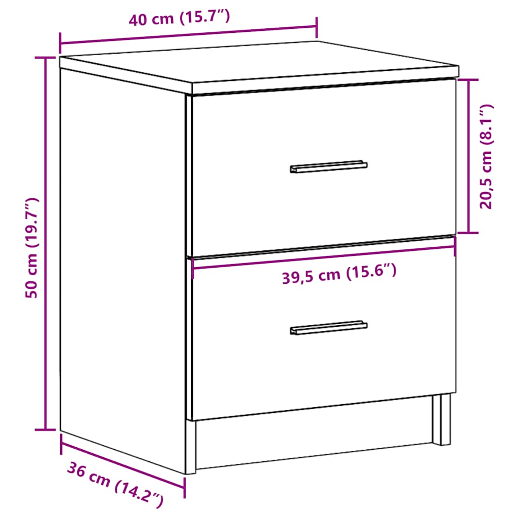 sengebord med 2 skuffer 40x36x50 cm sonoma-eg