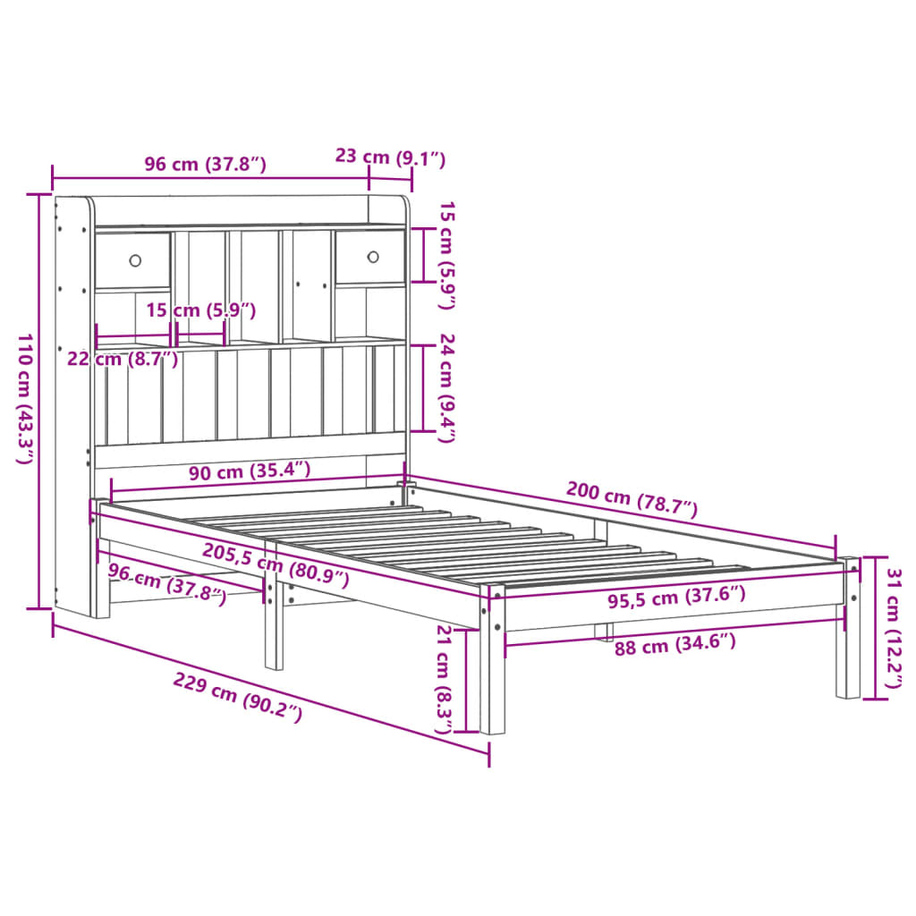 seng med reol uden madras 90x200 cm massivt fyrretræ