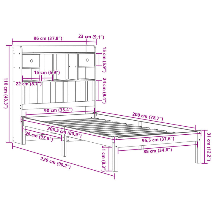 seng med reol uden madras 90x200 cm massivt fyrretræ