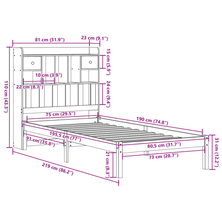 seng med reol uden madras 75x190 cm massivt fyrretræ gyldenbrun