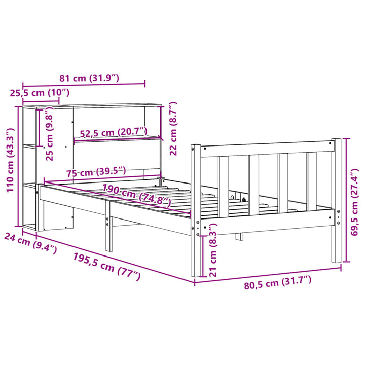 seng med reol uden madras 75x190 cm massivt fyrretræ hvid