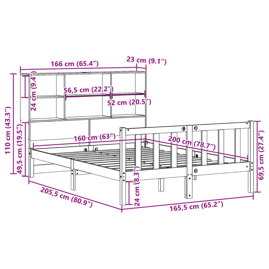 seng med reol uden madras 160x200 cm massivt fyrretræ hvid