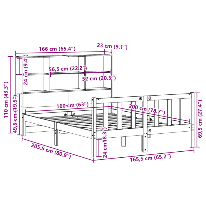 seng med reol uden madras 160x200 cm massivt fyrretræ hvid