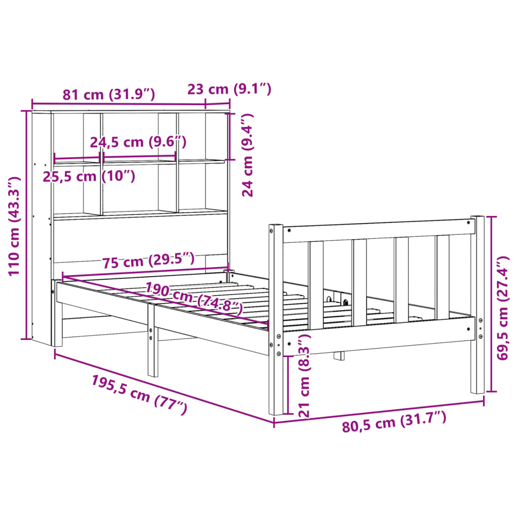 seng med reol uden madras 75x190 cm massivt fyrretræ gyldenbrun