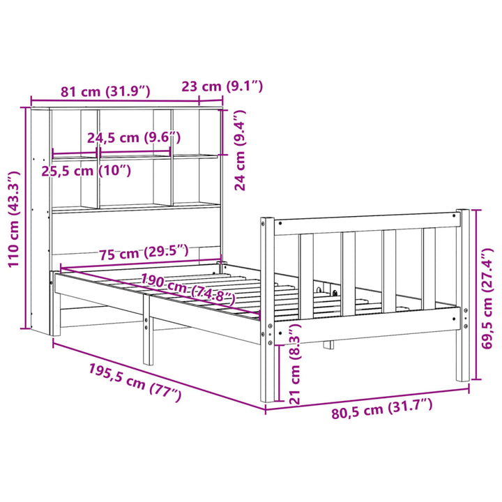 seng med reol uden madras 75x190 cm massivt fyrretræ gyldenbrun