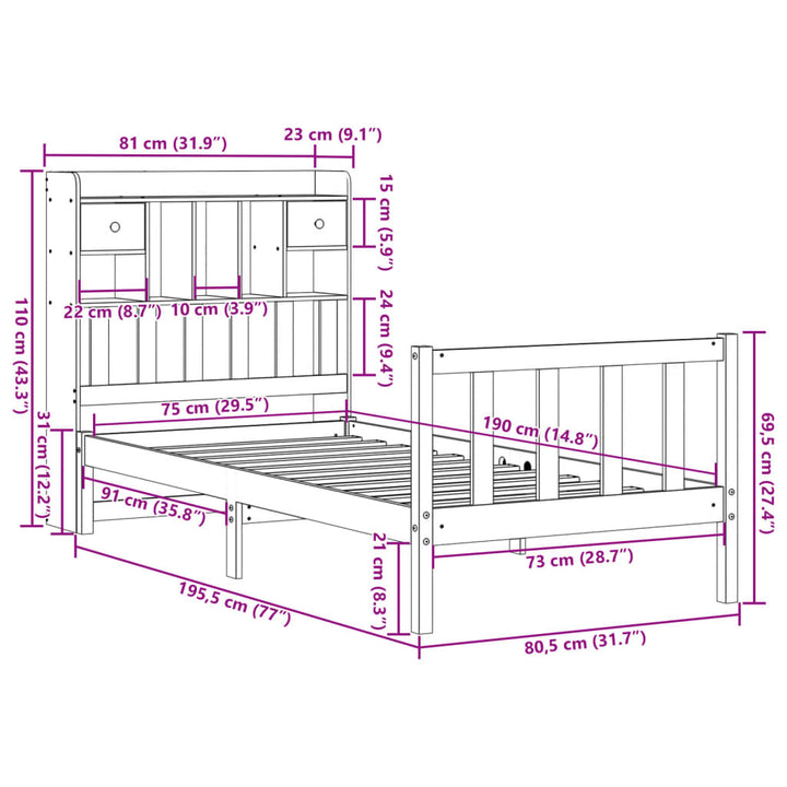 seng med reol uden madras 75x190 cm massivt fyrretræ hvid