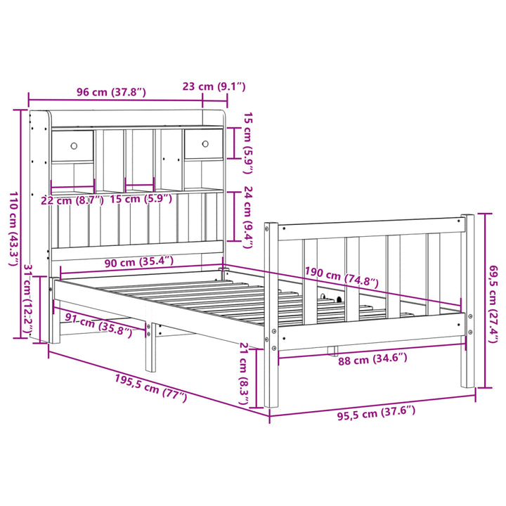 seng med reol uden madras 90x190 cm massivt fyrretræ hvid