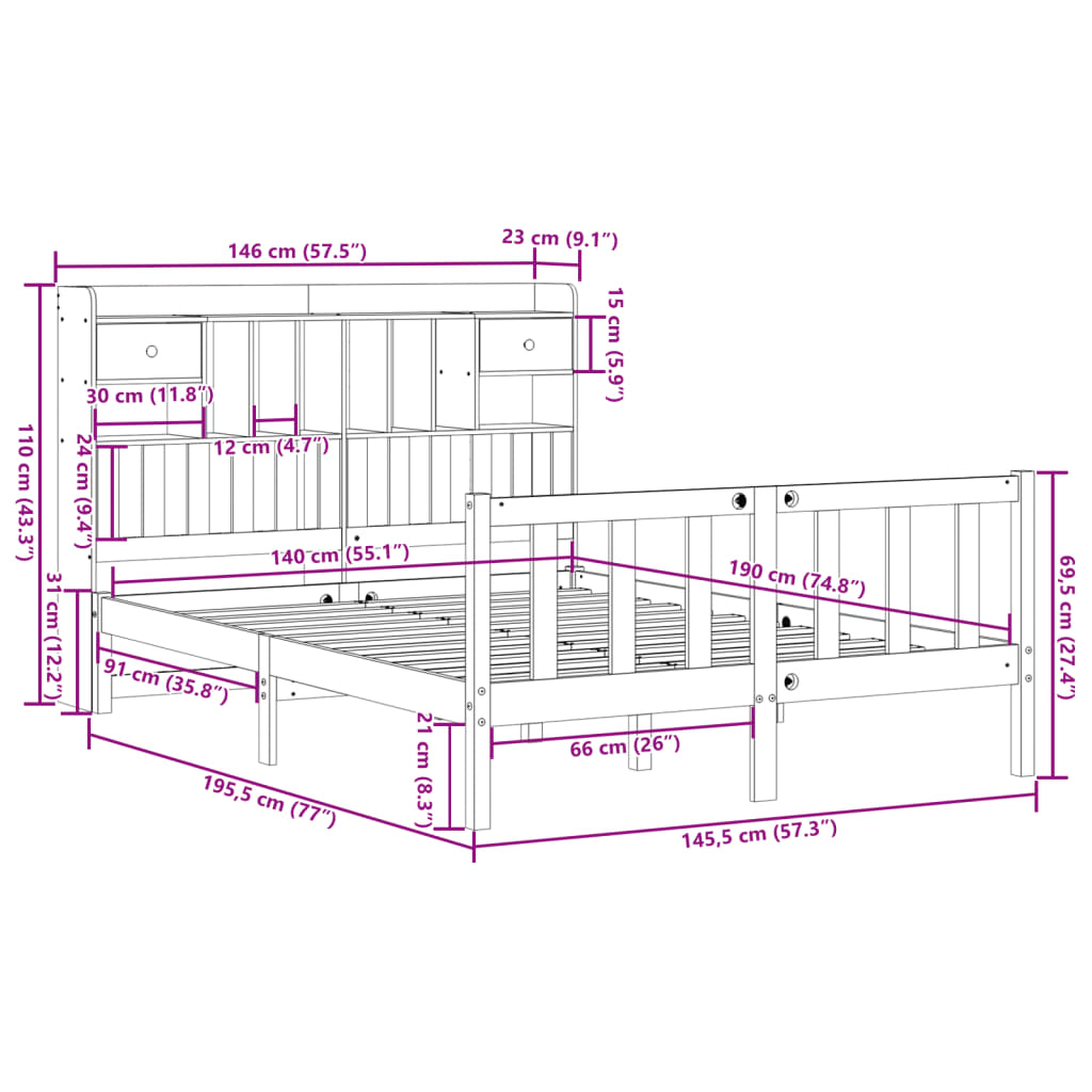 seng med reol uden madras 140x190 cm massivt fyrretræ hvid