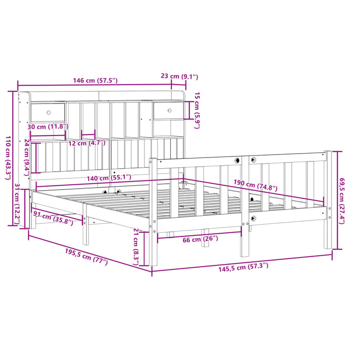 seng med reol uden madras 140x190 cm massivt fyrretræ hvid