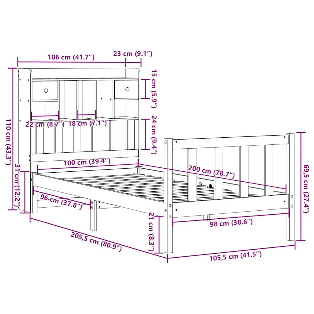 seng med reol uden madras 100x200 cm massivt fyrretræ