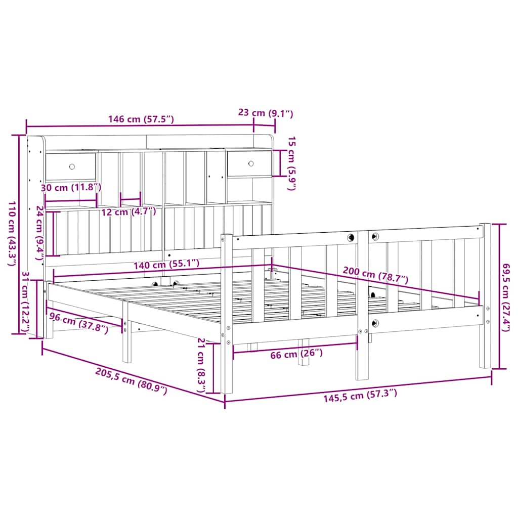 seng med reol uden madras 140x200 cm massivt fyrretræ hvid