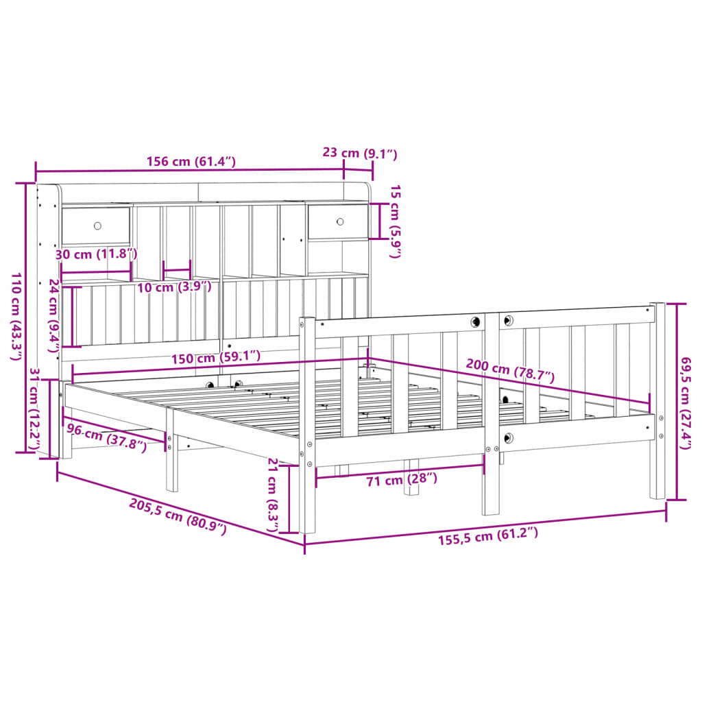 seng med reol uden madras 150x200cm massivt fyrretræ gyldenbrun