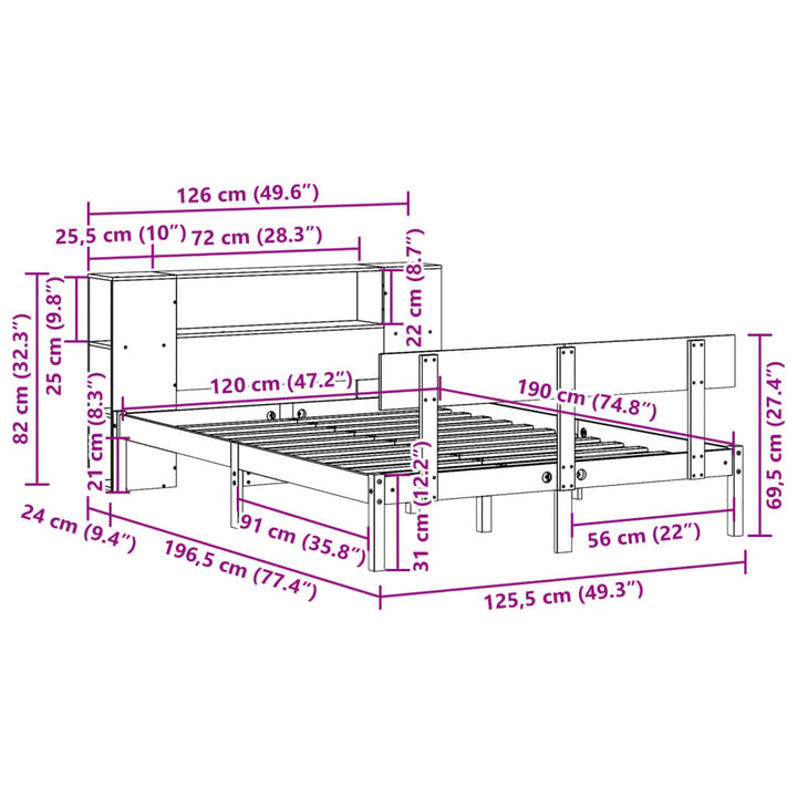 seng med reol uden madras 120x190 cm massivt fyrretræ hvid