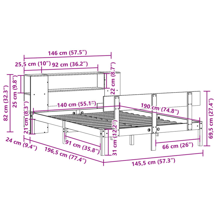 seng med reol uden madras 140x190 cm massivt fyrretræ hvid