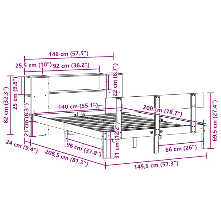 seng med reol uden madras 140x200 cm massivt fyrretræ hvid