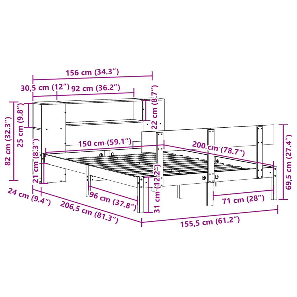 seng med reol uden madras 150x200 cm massivt fyrretræ hvid