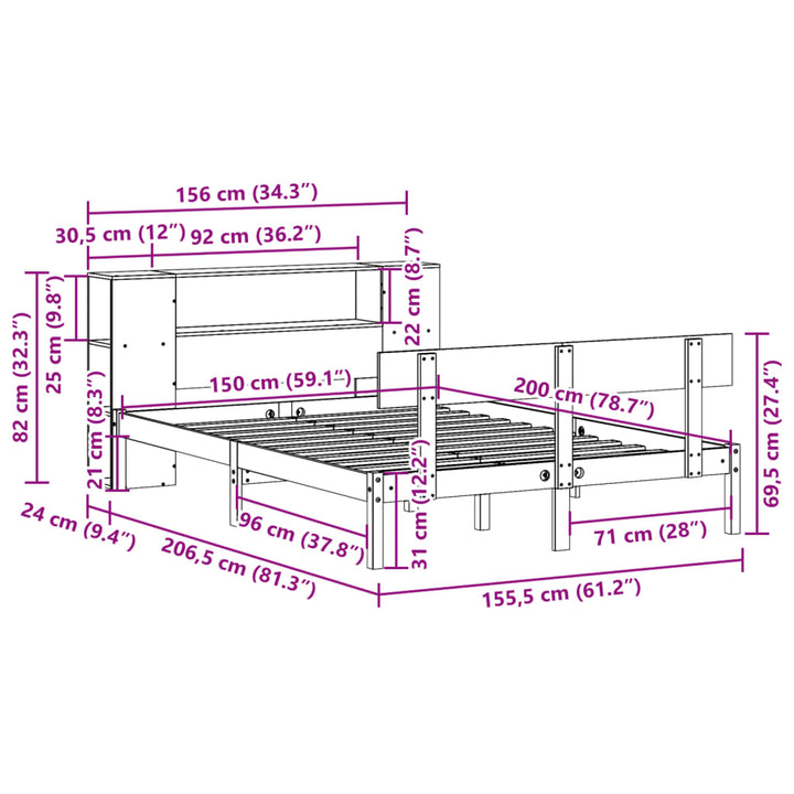 seng med reol uden madras 150x200 cm massivt fyrretræ hvid