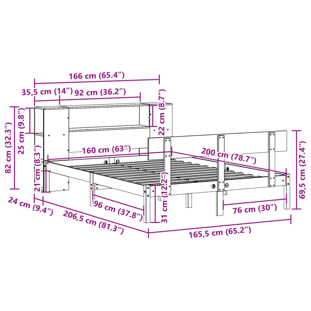 seng med reol uden madras 160x200 cm massivt fyrretræ