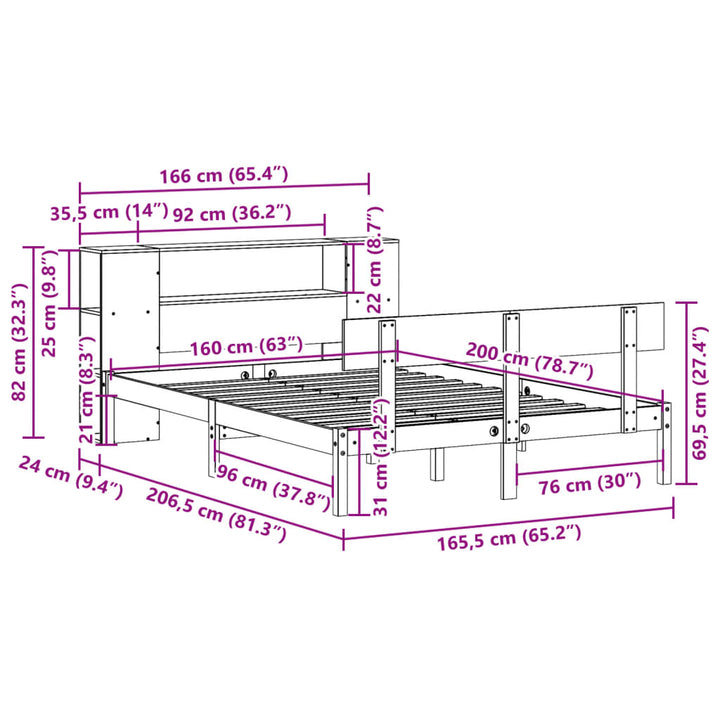 seng med reol uden madras 160x200 cm massivt fyrretræ hvid