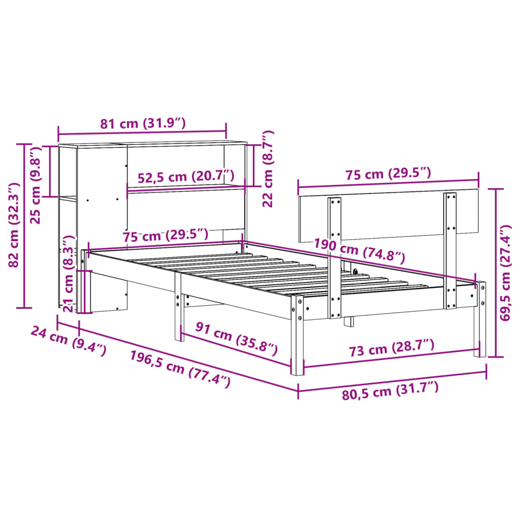 seng med reol uden madras 75x190 cm massivt fyrretræ hvid