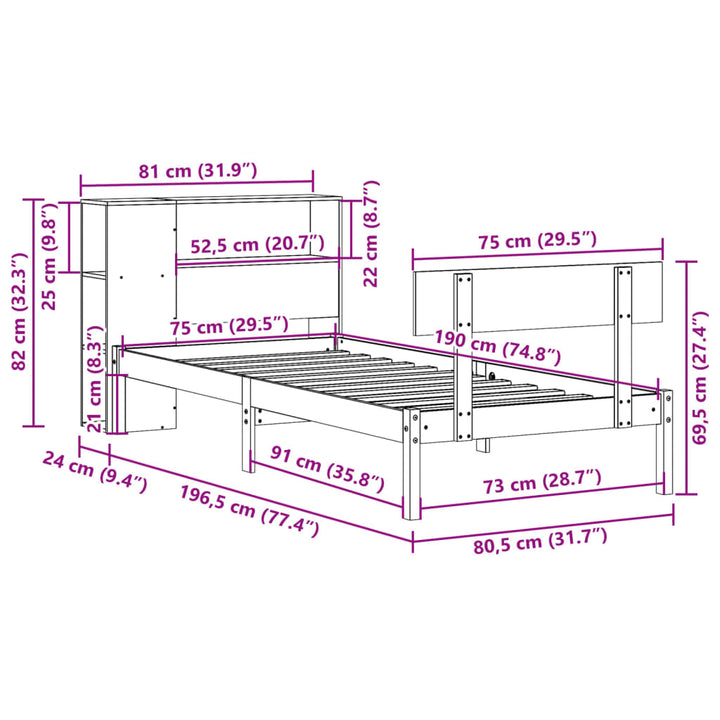 seng med reol uden madras 75x190 cm massivt fyrretræ hvid