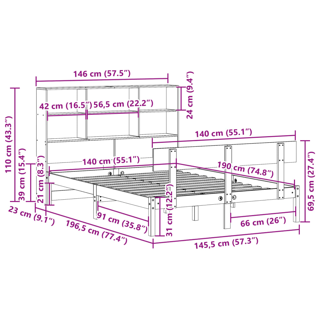 seng med reol uden madras 140x190 cm massivt fyrretræ hvid