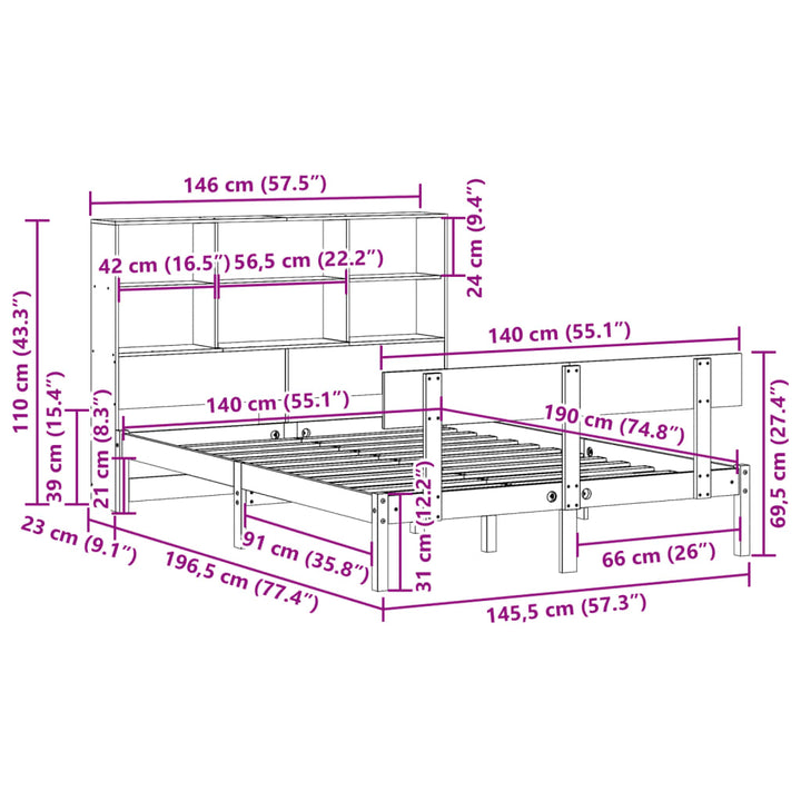 seng med reol uden madras 140x190 cm massivt fyrretræ hvid