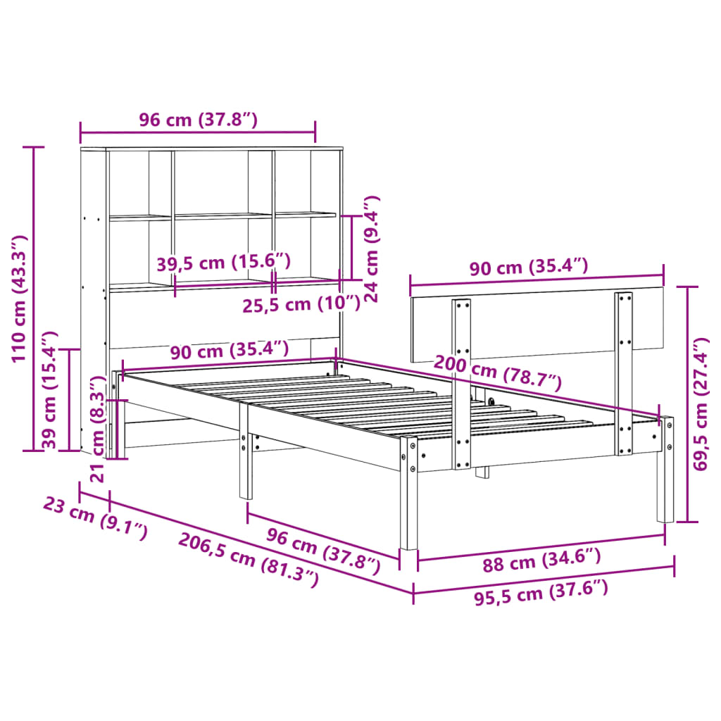 seng med reol uden madras 90x200 cm massivt fyrretræ