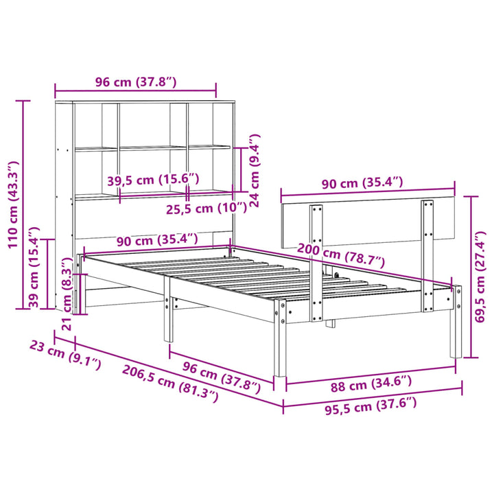 seng med reol uden madras 90x200 cm massivt fyrretræ