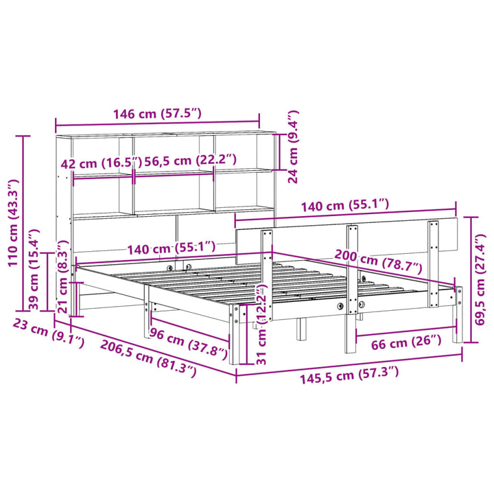 seng med reol uden madras 140x200 cm massivt fyrretræ hvid